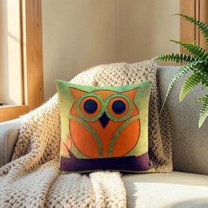 Wool Felt Owl Pillow: Quilted Applique, Modern Retro Decor image 8