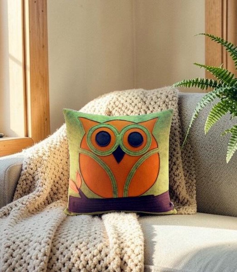 Wool Felt Owl Pillow: Quilted Applique, Modern Retro Decor image 8