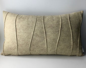 Warm Sophisticated Neutral Beige Pillow - Lumbar Pillow - Wool Felt Pillow - Modern Pillow - Handmade - Ribbed - 12" x 20" - Synthetic Down