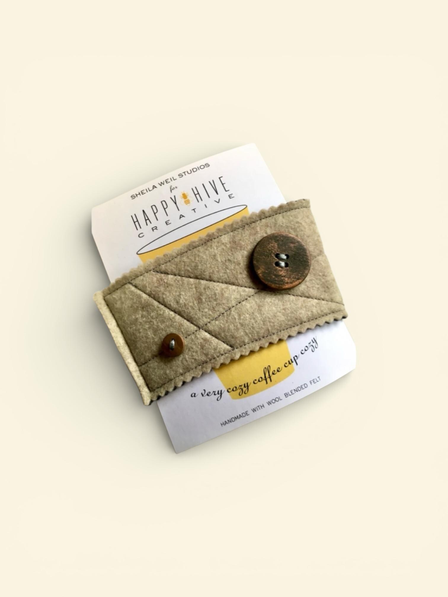 Wool Felt Coffee Cozy: Reusable Beige Coffee Sleeve with Wooden Buttons