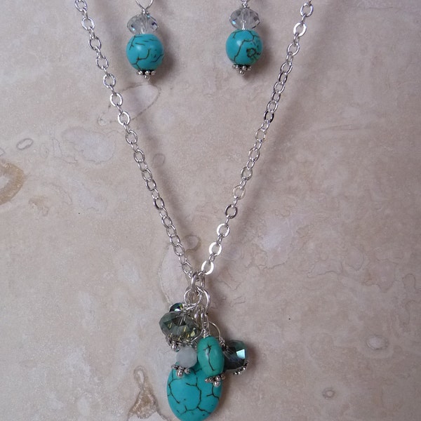 Turquoise Cluster Pendant and Earring Set