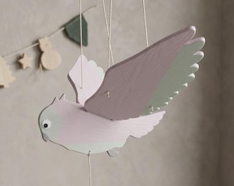 Mobile hibou en bois cinétique fait main, art du bois de la Baltique, décoration de pépinière de forêt