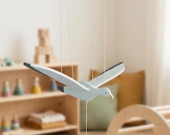 Móvil de madera con forma de ganso blanco, hecho a mano, escultura cinética, decoración infantil de estilo báltico, estilo costero, ecológico.