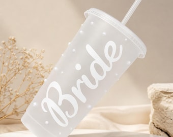 Tazza personalizzata per la sposa con cannuccia / Bicchiere con perle, bomboniera per addio al nubilato, regalo per la mattina del matrimonio