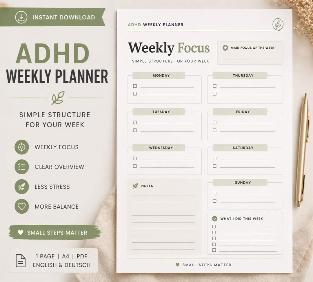 ADHD Weekly Planner | Minimalist Focus, Routine, Organization (PDF ...