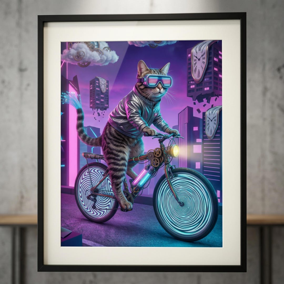 Cyberpunk Cat Bicycle Poster, Neon Wall Art, Sci-fi Print (digital ...