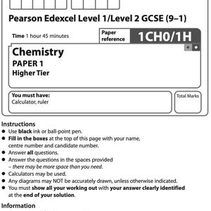 Puede incluir: Un examen de química en papel blanco. El documento se titula "Pearson Edexcel Level 1/Level 2 GCSE (9-1)" e incluye instrucciones, una referencia de papel y espacio para la información del candidato.
