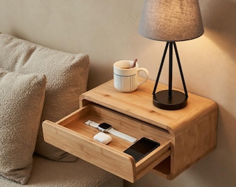 Bamboo Floating Nightstand with Drawer | Narrow Nightstand | Bedside Table | Small Floating Shelf | Wall Mounted Nightstand