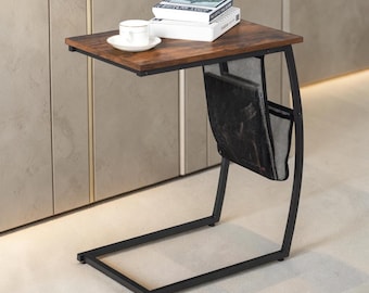 C Shaped Sofa Side Table | Rustic Wooden Coffee Table | Farmhouse Snack Table | Modern Small Coffee Table