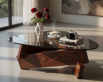 Triangle Glass Coffee Table | Mid Century Modern Coffee Table | Walnut Wood Coffee Table | Geometric Center Table | Small Space Furniture