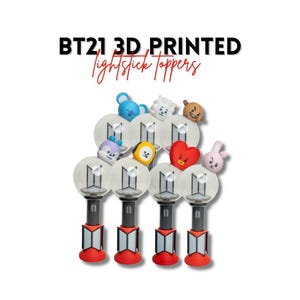 May include: BT21 3D printed lightstick toppers. The image shows several lightsticks with cartoon character toppers in various colours. The lightsticks have a red base, black handle, and a clear globe with a logo.