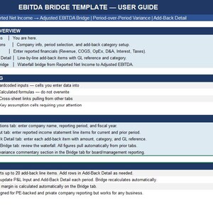 May include: A user guide for an EBITDA Bridge Template. The document includes a workbook overview, color coding, and instructions on how to use the template. The guide is designed for financial analysis and reporting.
