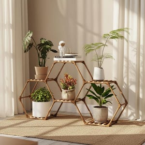 May include: A bamboo plant stand with a honeycomb design, holding various potted plants. The stand is brown, and the plants have green foliage. A small astronaut figurine and books are on the top shelf. The scene is set near a window with sheer curtains.