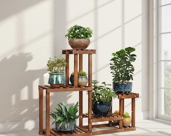 4 Tier Pine Wood Plant Stand, Multi Layer Flower Pot Shelf, Rustic Wooden Plant Stand, Indoor and Outdoor Plant Stand