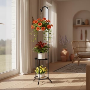 May include: A black metal plant stand with three tiers, holding potted plants with orange, red, and yellow flowers. The stand is in a bright room with a large window and white curtains.