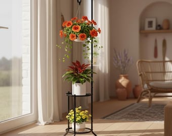 May include: A black metal plant stand with three tiers, holding potted plants with orange, red, and yellow flowers. The stand is in a bright room with a large window and white curtains.