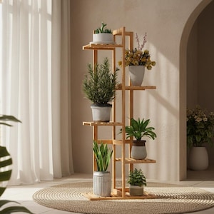 6-Tier Bamboo Plant Stand for Indoor & Outdoor Plants, Tall Corner Plant Shelf for Multiple Pots, Natural Wood Flower Rack for Balcony