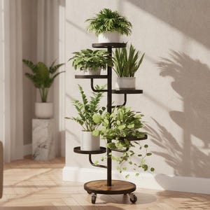 May include: A black metal plant stand with a central pole and six circular shelves arranged in a spiral pattern. The base is a round wooden platform with four caster wheels. Five white pots containing various green houseplants sit on the shelves.