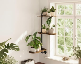 3 Tier Rotating Plant Stand, Wall Mount Window Shelf for Indoor Plants, Wooden Sill Shelf with Metal Frame