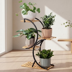 4 Tier Wooden Plant Shelf, Bamboo Plant Rack for Indoor Outdoor Use, Multi Plant Holder for Patio & Living Room
