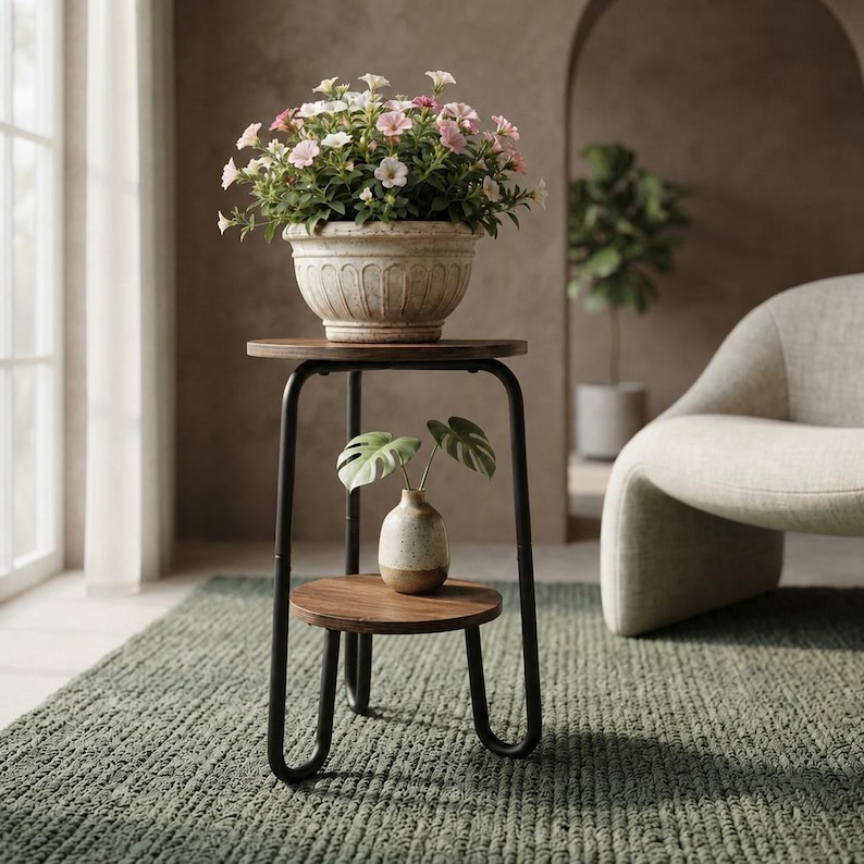 Pu&ograve; includere: Un supporto per piante a due livelli con un piano superiore in legno marrone scuro e un ripiano inferiore abbinato, sostenuti da una struttura in metallo nero. Un vaso beige testurizzato con fiori rosa e bianchi &egrave; posizionato sopra.