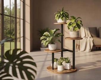Soporte esquinero para plantas de 4 niveles, estante para flores de metal y madera para interiores y exteriores, soporte para plantas que ahorra espacio para balcón, sala de estar y jardín.