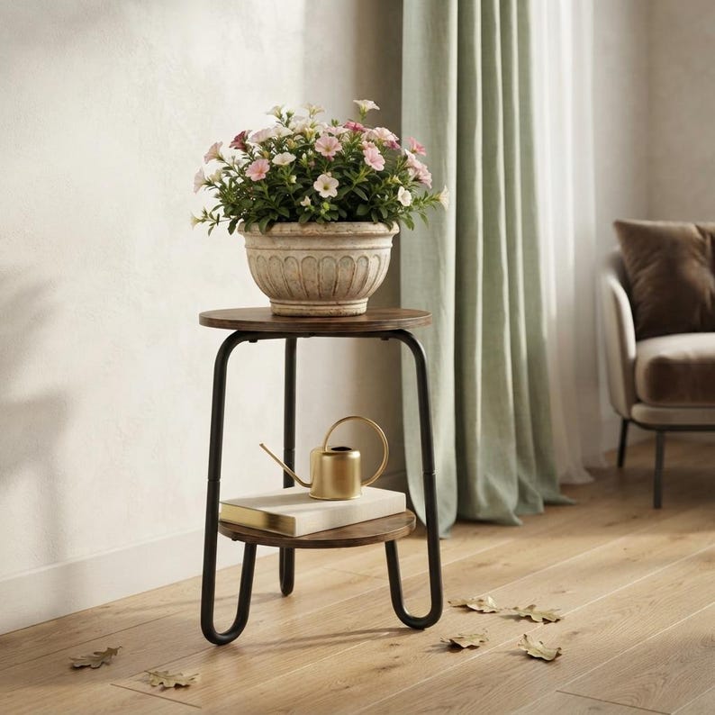 Pu&ograve; includere: Un tavolino a due livelli con finitura in legno scuro e gambe in metallo nero. Un vaso color crema con fiori rosa e bianchi poggia sul ripiano superiore. Un annaffiatoio dorato e un libro chiuso sono posizionati sul ripiano inferiore in legno.