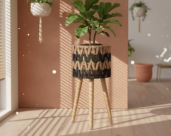 Maceta moderna para plantas de interior con soporte de madera, maceta de resina estilo boho de 25 cm, elegante soporte para plantas para dormitorio y sala de estar.