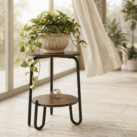 2 Tier Wood Plant Stand, Rustic Brown Indoor Plant Stand, Round Flower Iron Frame Plant Stand