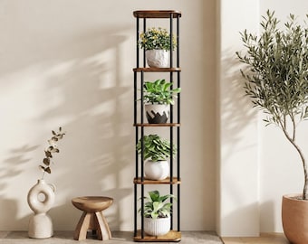 Tall Corner Plant Stand, 5 Tier Indoor Plant Stand, Wood & Metal Multi Plant Holder