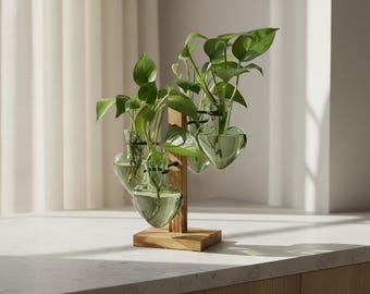 Plant Propagation Vase Stand, 4 Heart Glass Terrariums with Wooden Base, Hydroponic Planter for Home Office Decor
