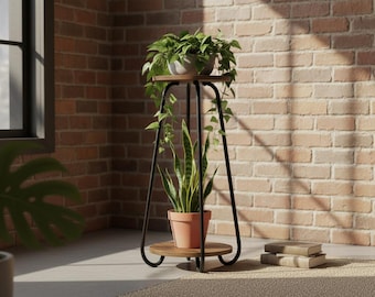 2-laagse plantenstandaard voor binnen, moderne houten en metalen plantenplank, kleine bloemenstandaard voor interieur, minimalistische plantenhouder