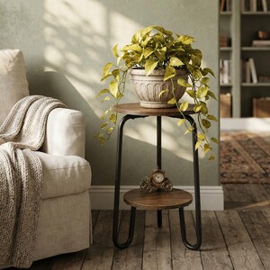 Pu&ograve; includere: Un tavolino a due ripiani con finitura in legno scuro e struttura in metallo nero. Il ripiano superiore sostiene un vaso in ceramica scanalata di colore chiaro con una pianta di pothos verde. Il ripiano inferiore ospita un piccolo orologio.