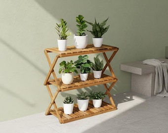 3-Tier Wooden Plant Stand Indoor Outdoor, Foldable Corner Plant Shelf, Wood Ladder Stand for Balcony & Patio Decor