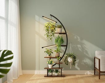 Soporte para plantas en forma de media luna con luces de cultivo, estante para plantas de interior de 7 niveles, estante alto curvo de metal y madera para plantas.