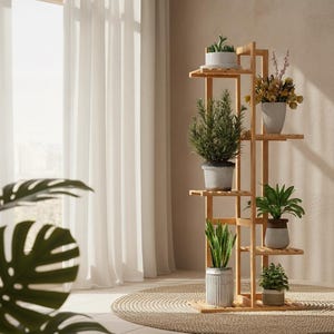 Puede incluir: Un estante de madera de varios niveles con varias plantas en macetas. El estante está cerca de una ventana con cortinas blancas. Las plantas incluyen hierbas y plantas con flores.