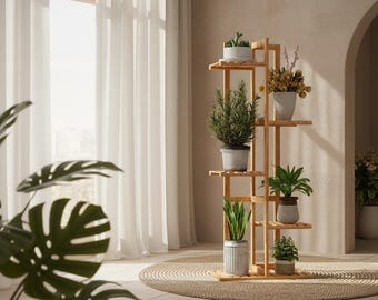 6-Tier Bamboo Plant Stand for Indoor & Outdoor Plants, Tall Corner Plant Shelf for Multiple Pots, Natural Wood Flower Rack for Balcony