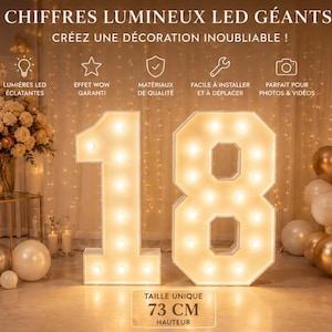 May include: Large white marquee numbers 1 and 8 illuminated with warm LED bulbs. The text on the image reads CHIFFRES LUMINEUX LED GÉANTS, CRÉEZ UNE DÉCORATION INOUBLIABLE, and TAILLE UNIQUE 73 CM HAUTEUR, along with icons and French labels.