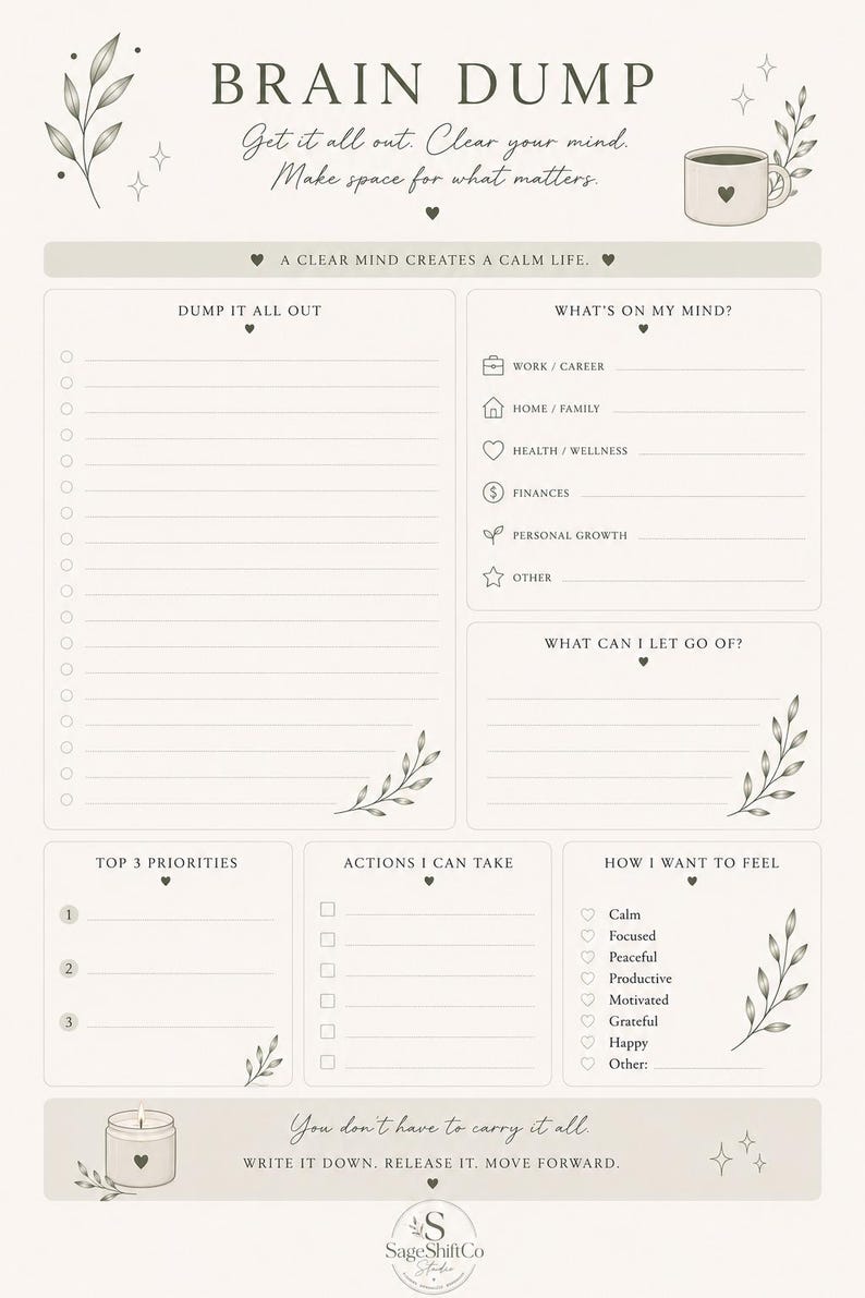 Brain Dump Planner Printable | Mental Reset Worksheet | Soft Life ...