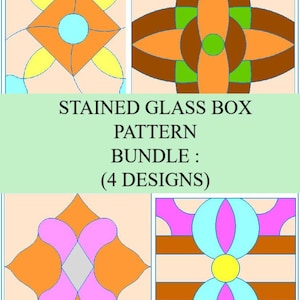 May include: A digital graphic displaying a stained glass box pattern bundle with 4 designs. The image features four distinct geometric patterns in orange, yellow, light blue, brown, and pink, with the text STAINED GLASS BOX PATTERN BUNDLE : (4 DESIGNS).