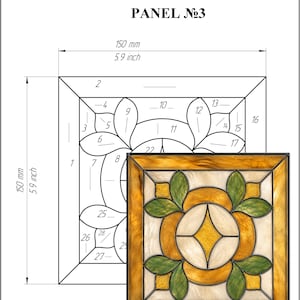 Może przedstawiać: Wzór witrażu, oznaczony jako Panel Nr 3, o wymiarach 150 mm na 150 mm. Projekt przedstawia kwadratowy panel z motywem kwiatowym w odcieniach złota, zieleni i kremu. Obraz zawiera również schemat wzoru.
