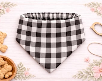 Gray Checkered Cotton Dog Bandana | Scrunchie Slip-On Pet Accessory