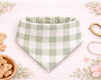 Sage Gingham Cotton Dog Bandana | Scrunchie Slip-On Pet Accessory