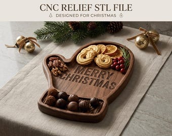 Christmas Mitten Tray STL File, Merry Christmas Serving Tray CNC Router Project, Mitten Catchall Dish 3D Relief Model