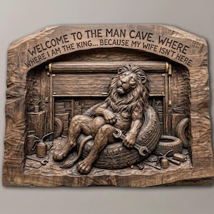 Lion Mechanic Bas Relief Stl | Garage & Man Cave Wall Decor | Funny Rustic Wood Carving Gift | STL for CNC 3D Print