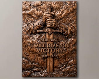 Christliches Siegesschwert (STL-Datei, 3D-Relief), Bibelvers 1 Kor 15,57 – CNC-Fräsmodell für Holzbearbeitung und 3D-Druck