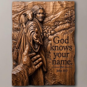 Puede incluir: Una talla de madera marrón rectangular con un relieve de una figura con un cordero sobre el hombro que extiende una mano hacia otra. El texto "God knows your name." y "John 10:3" está tallado en la parte inferior derecha del panel.
