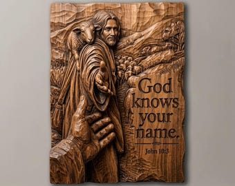 Guter Hirte Jesus STL Gott kennt deinen Namen Johannes 10,3, CNC-Relief-Holzschnitzdatei, christliche Wandkunst, 3D-Druckmodell