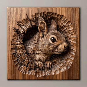 May include: A square wooden wall plaque featuring a three-dimensional relief carving of a squirrel peering out from a hollow tree trunk. The artwork displays detailed wood grain textures and natural brown tones throughout the entire composition.