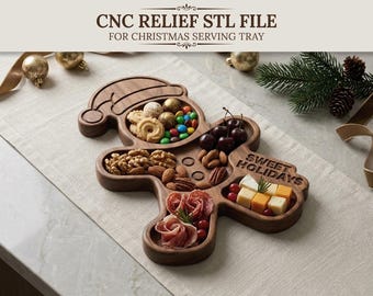 Könnte beinhalten: Ein Serviertablett aus dunklem Holz in Form eines Lebkuchenmanns mit Weihnachtsmütze. Das Tablett hat mehrere Fächer mit Snacks und die Gravur "SWEET HOLIDAYS" auf der rechten Seite. Der Text oben lautet "CNC RELIEF STL FILE FOR CHRISTMAS SERVING TRAY."